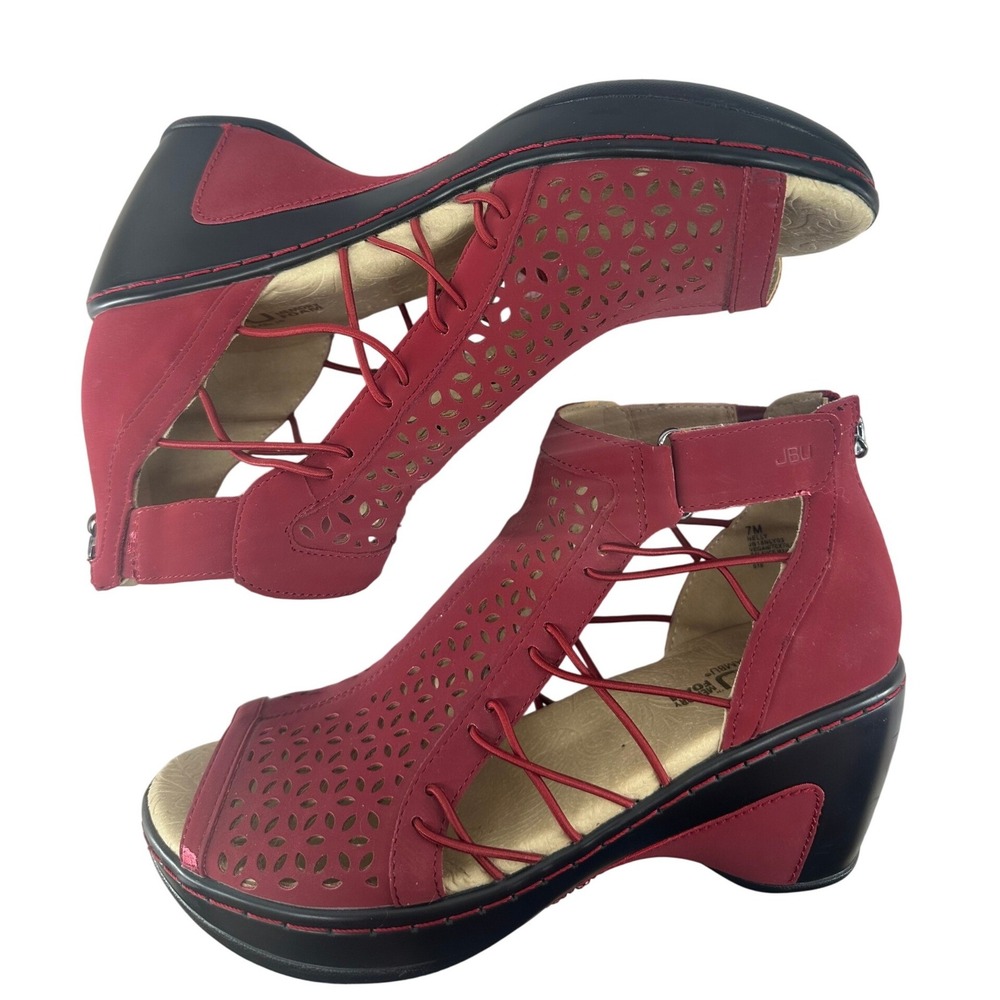 JBU by Jambu Nelly Red Laser Cut Wedge Sandals Vegan Memory Foam Women 7M